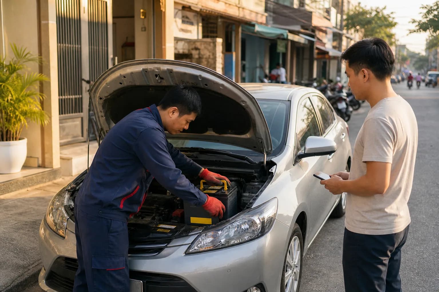Kỹ thuật viên kiểm tra và thay ắc quy ô tô trước nhà