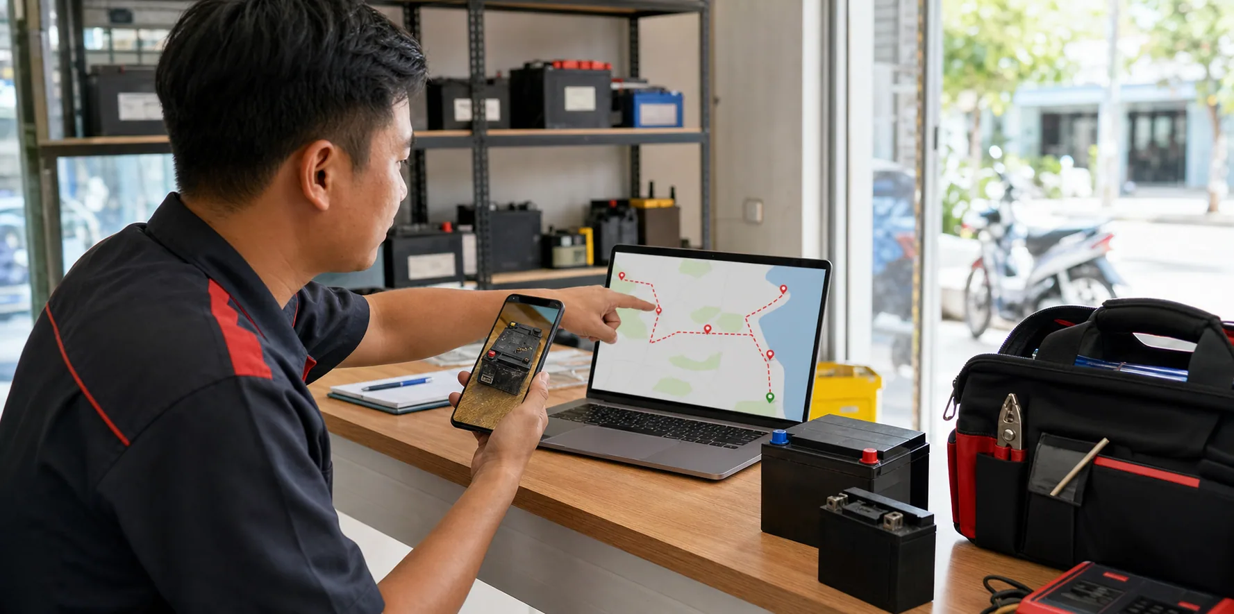 Kỹ thuật viên xem ảnh bình cũ và lập tuyến hỗ trợ ắc quy Gia Lai, Bình Định cũ