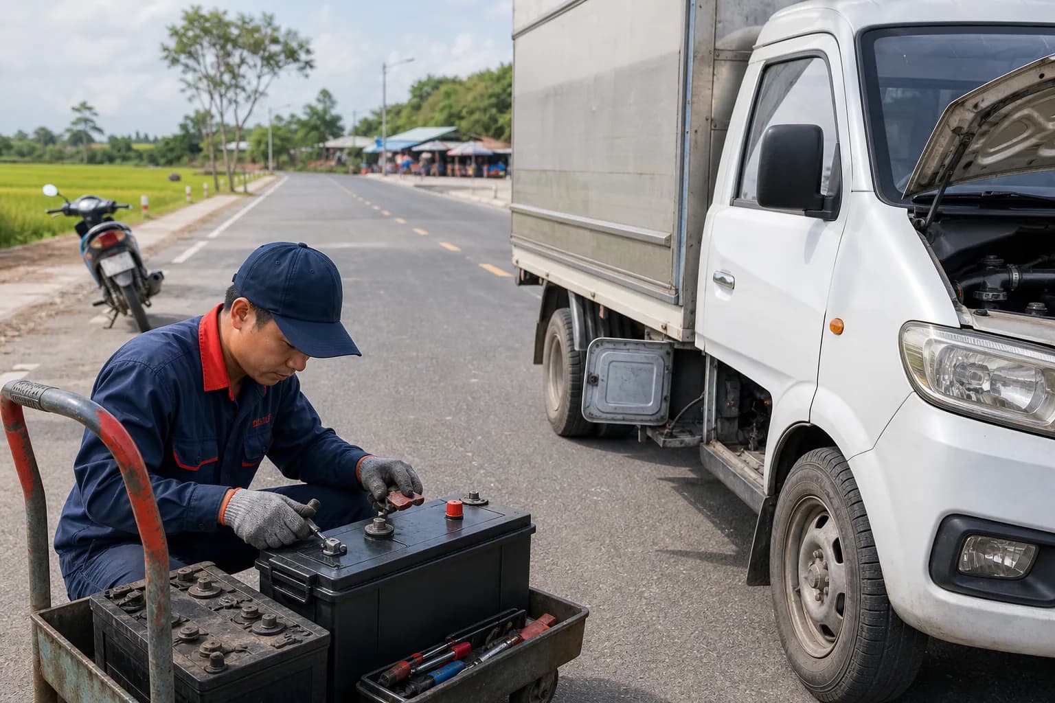 Kỹ thuật viên chuẩn bị bình lớn cho xe tải dọc đường